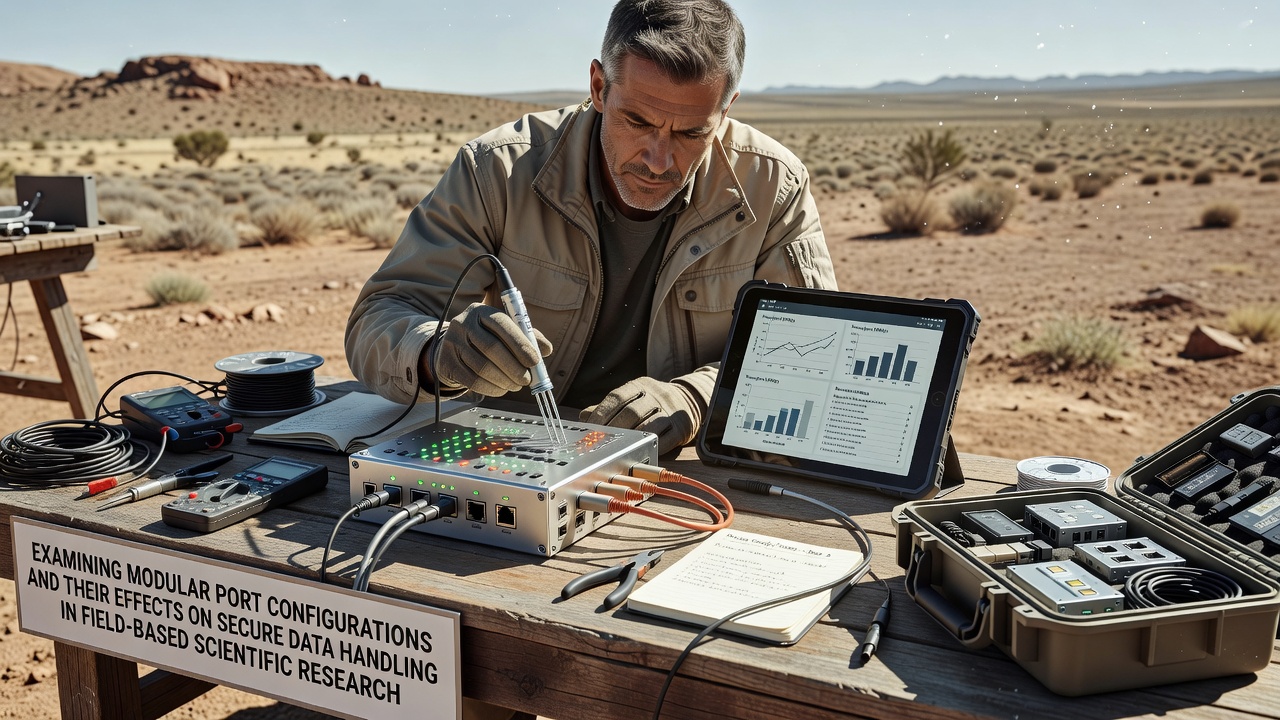 Secure data handling setup with modular ports connecting field sensors to encrypted storage in a scientific expedition