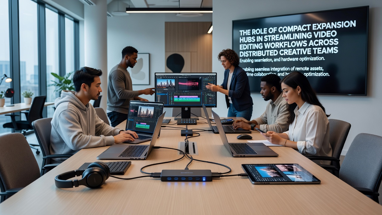 Distributed creative team collaborating via video editing software with expansion hubs linking multiple workstations